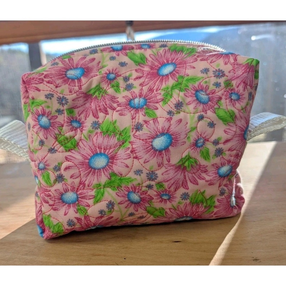 Embroidered MAKEUP Cosmetic Toiletries Pink Astor Floral Travel Bag Handmade